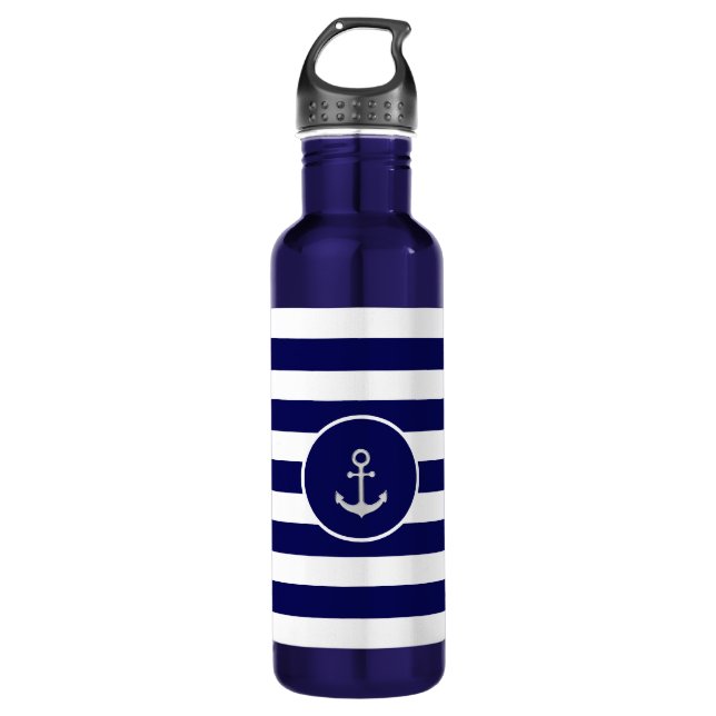 Custom Anchor on Navy Blue & White Striping Edelstahlflasche (Vorderseite)