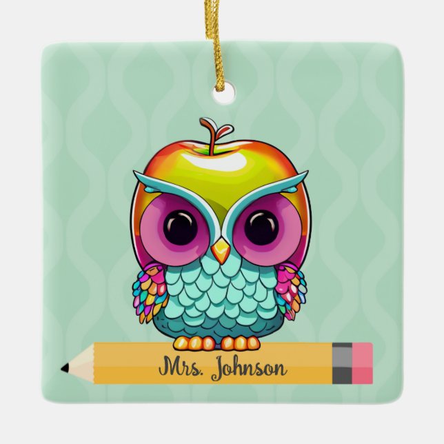 Custom Apple Owl Teacher Name Weihnachtsschmuck (Vorderseite)