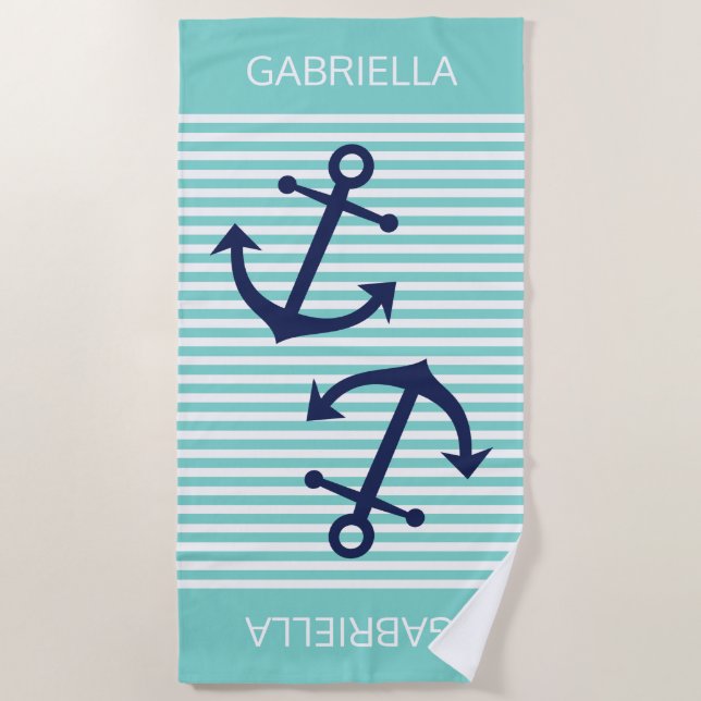 Custom Aqua Türkise White Preppy Stripes Muster Strandtuch (Vorderseite)