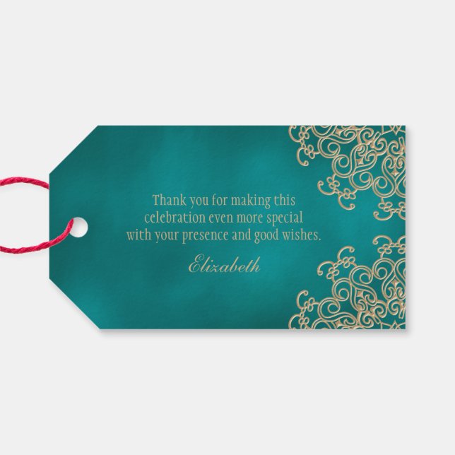 Custom Aquamarin and Gold Indian Style Vielen Dank Geschenkanhänger (Rückseite Horizontal)