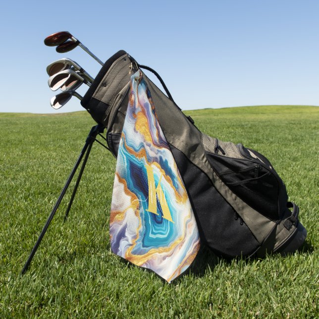 Custom Aquamarin Aqua Golden Agate Monogram Golfhandtuch (Gras)