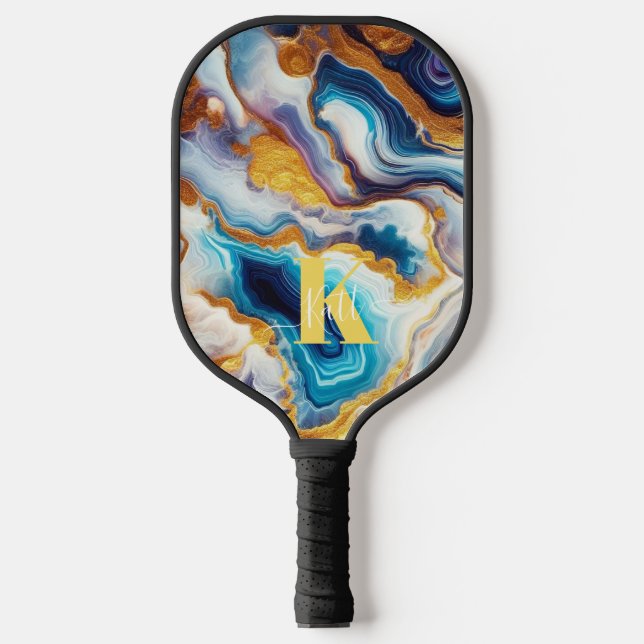 Custom Aquamarin Aqua Golden Agate Monogram Pickleball Schläger (Vorderseite)
