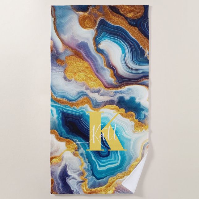 Custom Aquamarin Aqua Golden Agate Monogram Strandtuch (Vorderseite)
