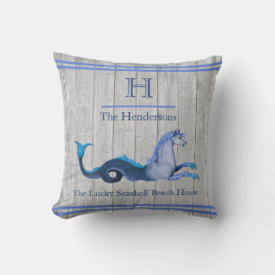 Custom Aquamarin Blue Navy Seepferd Coastal Grau H Kissen