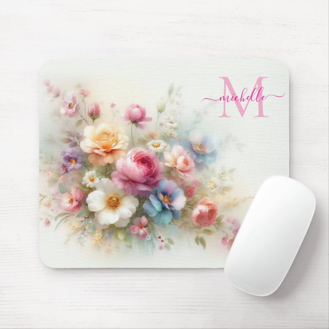 Custom Aquarell Floral Template Monogram & Name Mousepad (Mit Mouse)