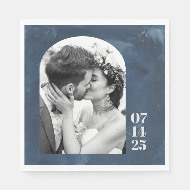 Custom Arch Shape Wedding Foto Date Navy Blue Serviette (Vorderseite)