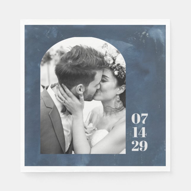 Custom Arch Shape Wedding Foto Date Navy Blue Serviette (Vorderseite)