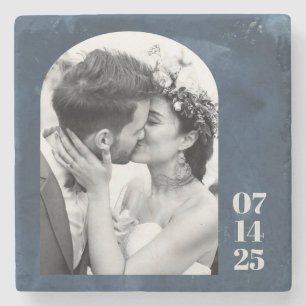 Custom Arch Shape Wedding Foto Date Navy Blue Steinuntersetzer