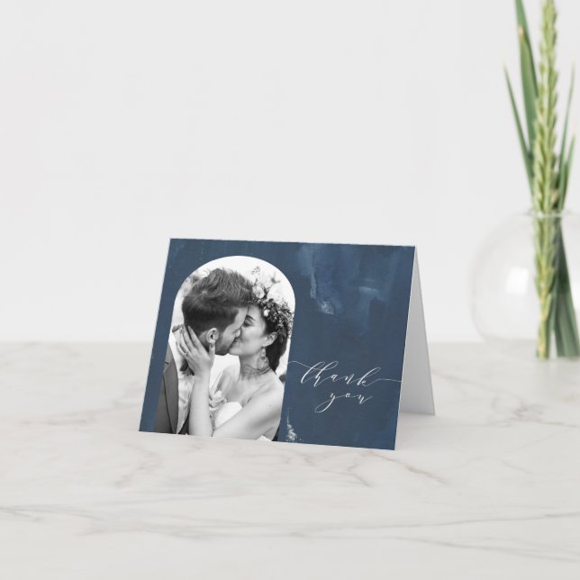 Custom Arch Shape Wedding Foto Navy Blue Dankeskarte (Vorderseite)