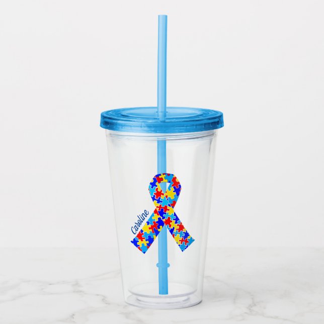 Custom Autismus Awareness Ribbon Blue Puzzle Stück Acryltrinkbecher (Vorderseite)