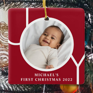 Custom Baby Boy's First Christmas Foto Red Keramikornament