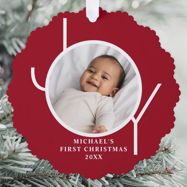 Custom Baby Boy's First Christmas Foto Red Ornament Karte (Von Creator hochgeladen)