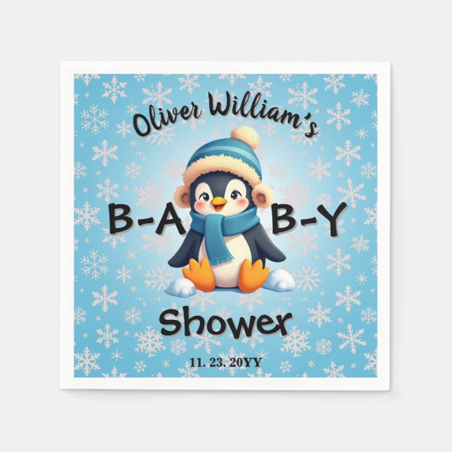 Custom Baby Dusche mit Adorable Pinguin Design Serviette (Vorderseite)