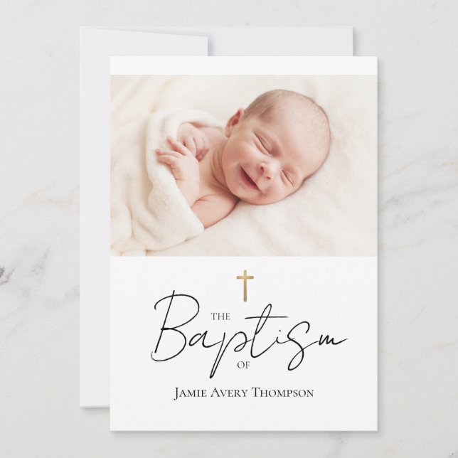 Custom Baby Foto Taufe Gold Cross Chic Einladung (Vorderseite)