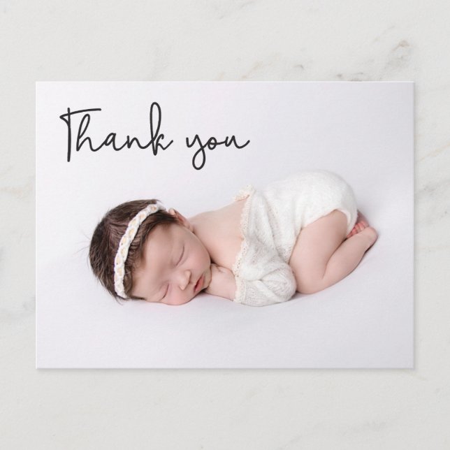 Custom Baby Girl Foto danke Script Ankündigungspostkarte (Vorderseite)