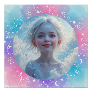Custom Baby Girl - Pastel Watercolor Stars & Moon Poster