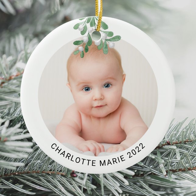 Custom Baby Name Foto Christmas Watercolor Keramik Ornament (Von Creator hochgeladen)