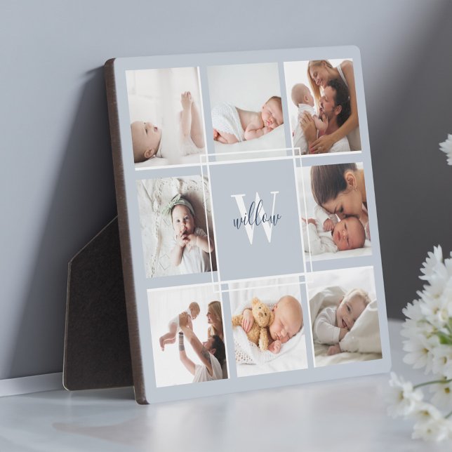 Custom Baby Name & Monogram Foto Collage Blue Fotoplatte (Custom Baby Name & Monogram Photo Collage Blue Plaque)