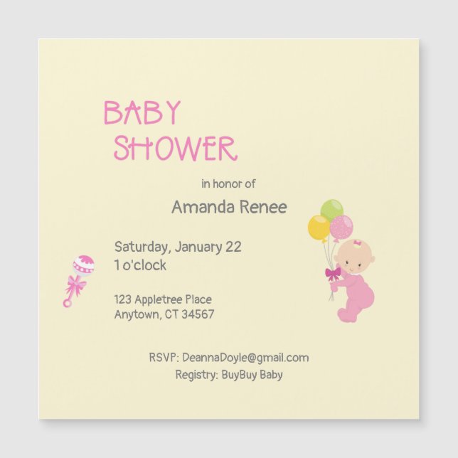 Custom Baby Shower Girl Rattle Balloons Magnetkarte (Vorderseite)