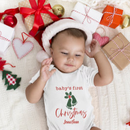Custom Baby's First Christmas Foot Druck Holly Red Baby Strampler