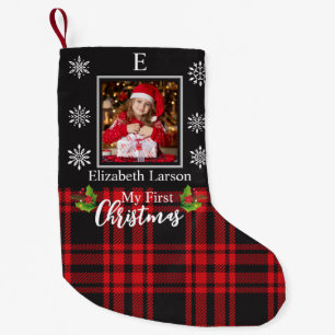 Custom Baby's First Xmas Monogram Black Foto Kleiner Weihnachtsstrumpf