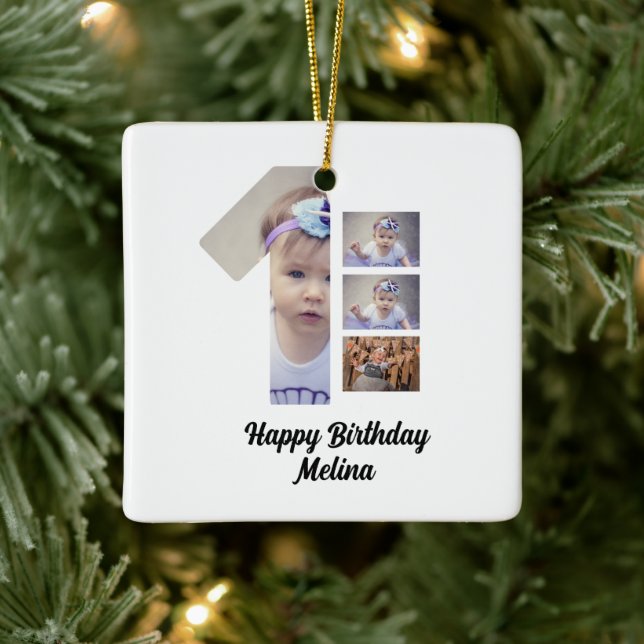 Custom Baby's first year 4 Foto Collage Keramikornament (Baum)