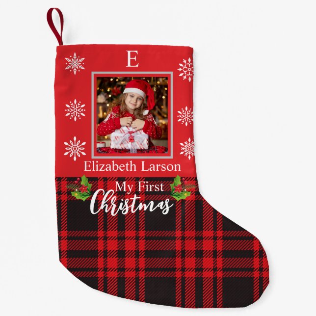 Custom Baby's Foto First Xmas Monogram Foto Kleiner Weihnachtsstrumpf (Vorderseite)