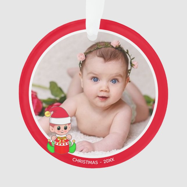 Custom Baby's Foto mit Weihnachtself Ornament (Vorderseite)