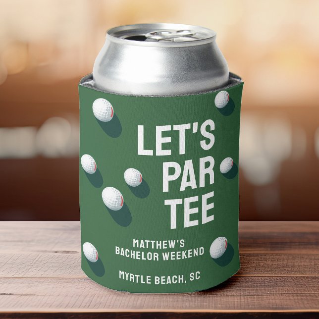 Custom Bachelor Party Golfing Trip Let's Par T-Shi Dosenkühler (A can cooler designed with a golf theme, showcasing golf balls and tees against a vibrant green back)