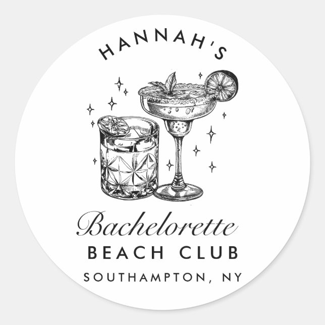 Custom Bacheloretto Retro Cocktail Schwarz Runder Aufkleber (Vorderseite)
