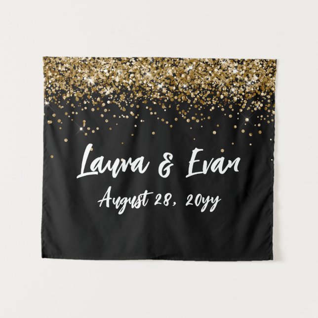 Custom Background Wedding Foto Booth Black and Gol Wandteppich (Vorderseite (Horizontal))