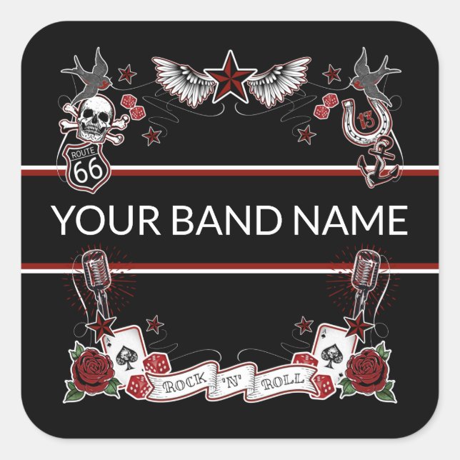 Custom Band Merch Rockabilly Tattoo Rock Music Quadratischer Aufkleber (Vorderseite)