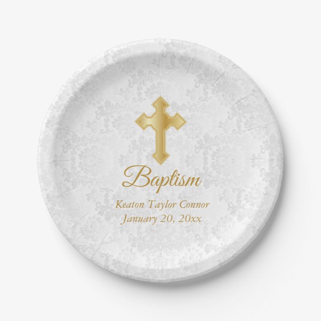 Custom Baptism in White Damask and Gold Pappteller (Vorderseite)
