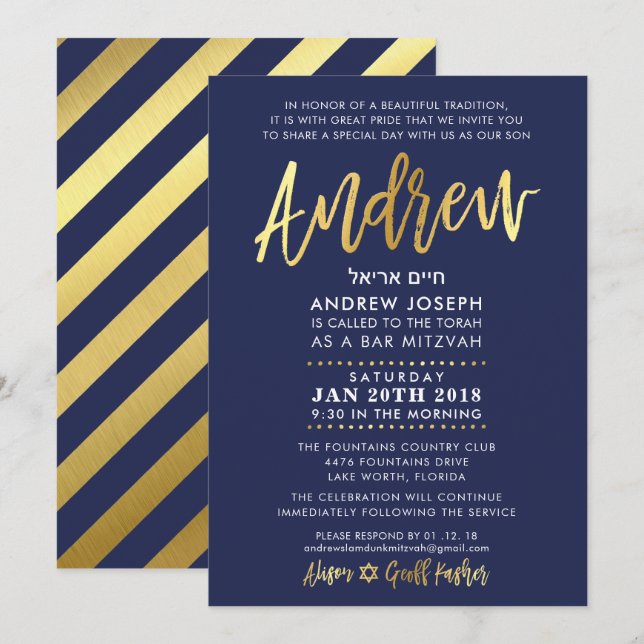 CUSTOM Bar Mitzvah Einladung für Andrew Marine + G (Vorne/Hinten)