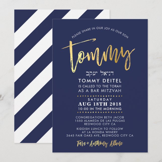 CUSTOM Bar Mitzvah Einladung für Tommy Marine + Go (Vorne/Hinten)