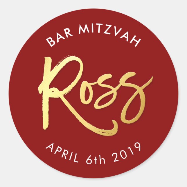 CUSTOM Bar Mitzvah für Ross Rot + Imitat Gold Runder Aufkleber (Vorderseite)