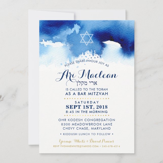 CUSTOM BAR MITZVAH Goldblau Aquarell laden ARI ein Einladung (Vorderseite)