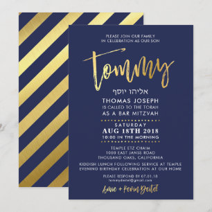 CUSTOM Bar Mitzvah Invitation pour Tommy navy + or