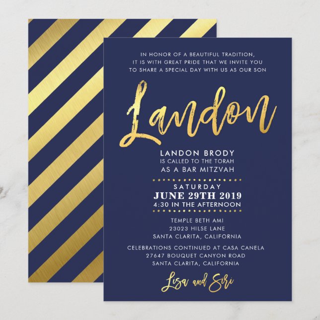 CUSTOM Bar Mitzvah Invite Marine blue + gold LANDO Einladung (Vorne/Hinten)