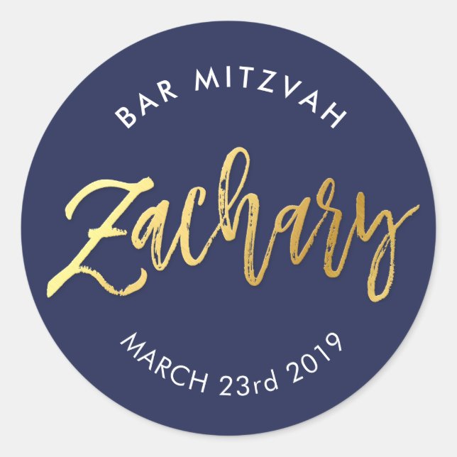 CUSTOM Bar Mitzvah Marine + Gold ZACHARY Runder Aufkleber (Vorderseite)