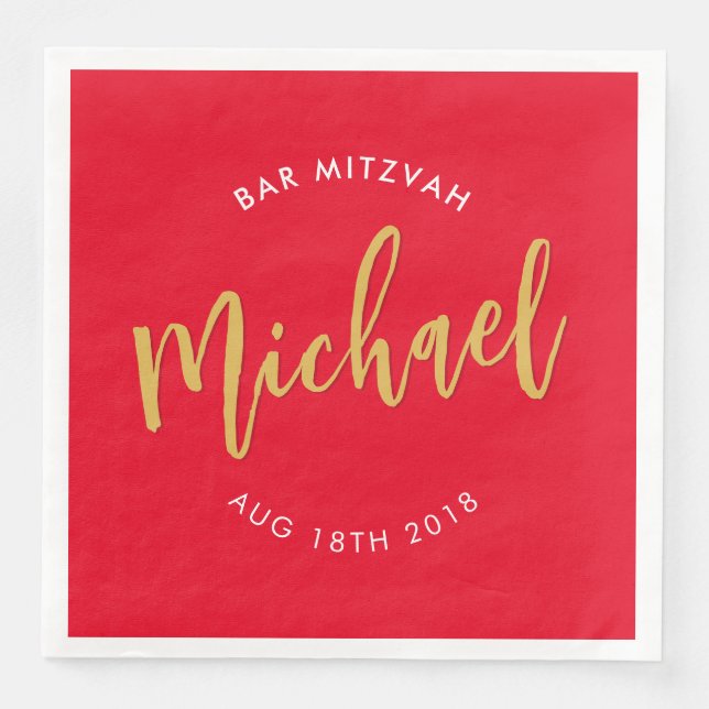 CUSTOM Bar Mitzvah Mittagessen Rote Goldkalligrafi Serviette (Vorderseite)