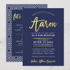 CUSTOM Bar Mitzvah moderne Marine + Goldname AARON Einladung