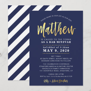 CUSTOM Bar Mitzvah moderne Marine + Goldname MATTH Einladung
