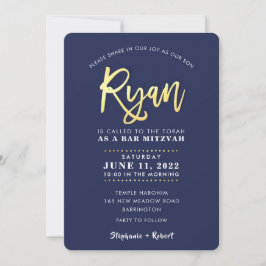 CUSTOM Bar Mitzvah moderne Marine + Goldname RYAN Einladung