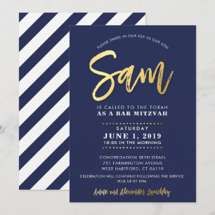 CUSTOM Bar Mitzvah moderne Marine + Goldname SAM Einladung