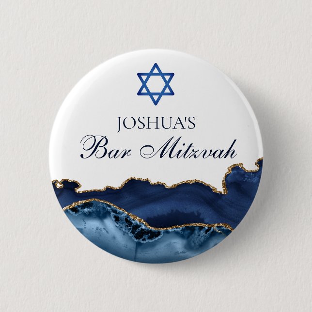 Custom Bar Mitzvah Party Navy Blue Gold Agate Button (Vorderseite)