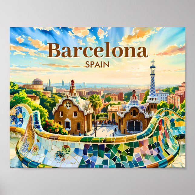 Custom Barcelona Spain Watercolor Park Guell Retro Poster (Vorne)
