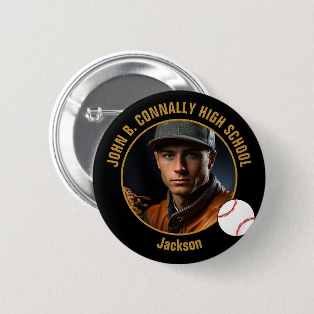 Custom Baseball Player Photo Black Gold Spirit Button (Vorne & Hinten)