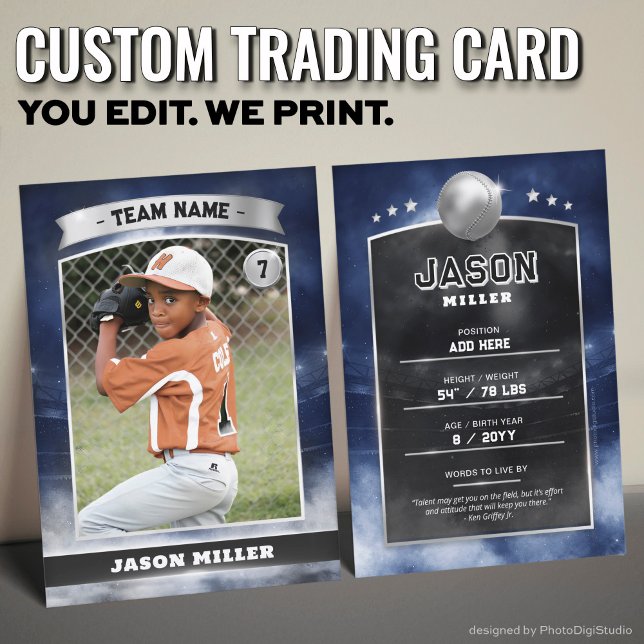 Custom Baseball Trading Card Blue Silver Stadium Telefonnummerkarte (Custom Trading Card, Editable Baseball Trading Card, Modern Blue Silver Stadium Design)