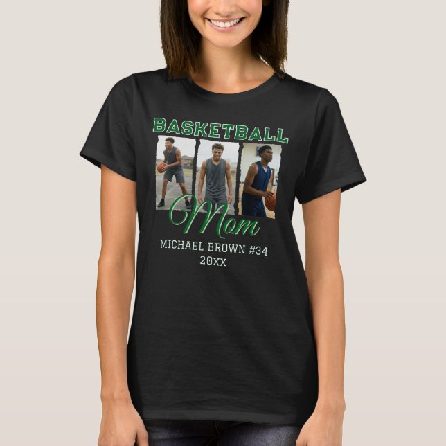 Custom Basketball Mom 3 Photo Collage Name Number T-Shirt (Vorderseite)